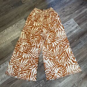 Patrons Of Peace Mustard & White Tropical Print Wide Leg Cropped Pants Sz Small